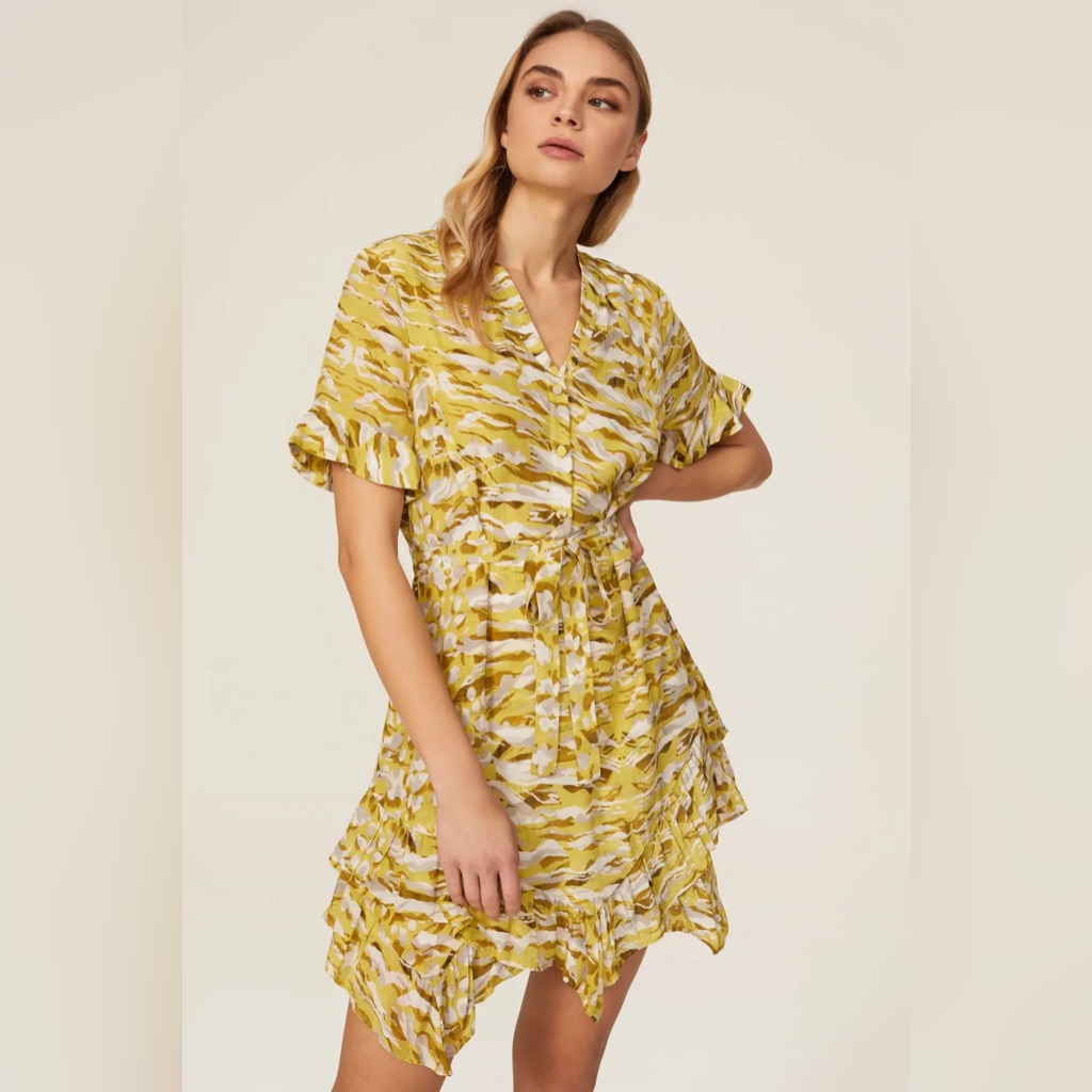 Allsaints Frankie Oniyuri Ruffle Mini Dress Yellow Camo Print Nwt
